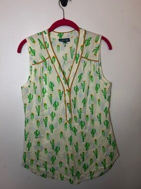 Modcloth Cream Sleeveless Blouse with Green Cactus Print and Mustard Trim
